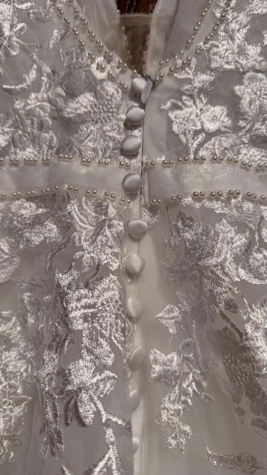 White Ivory Lace Wedding Dress Deep V Neck A-Line Bridal Gown 16” Waist 65” Long