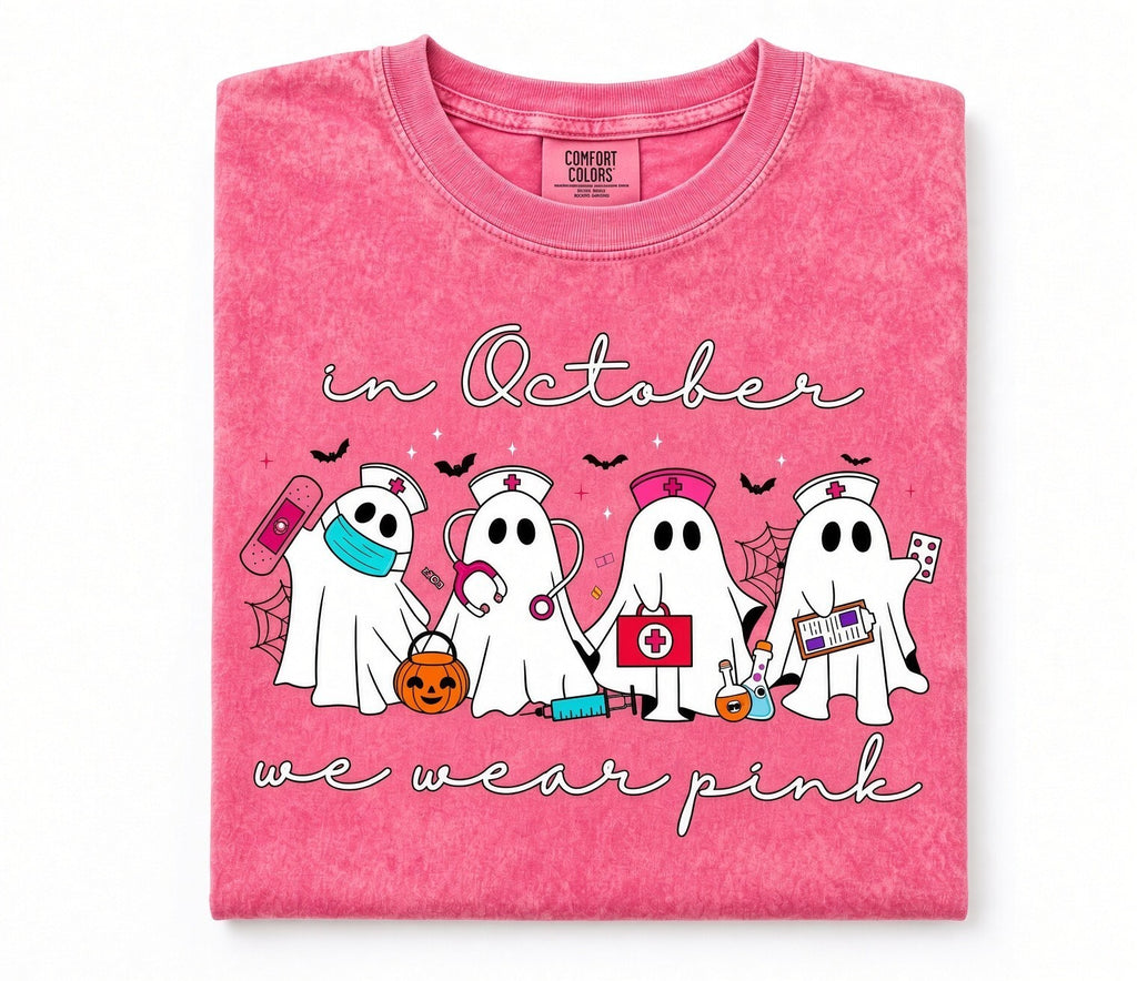 Acid Wash Pink Tee In October We Wear Pink Nurse Ghost Breast Cancer Shirt