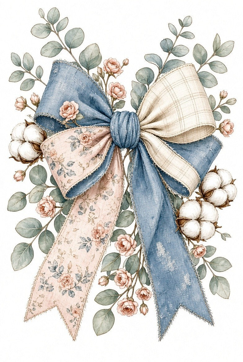 4pcs 10in Farmhouse Floral Bow Cotton Rose DTF Transfer
