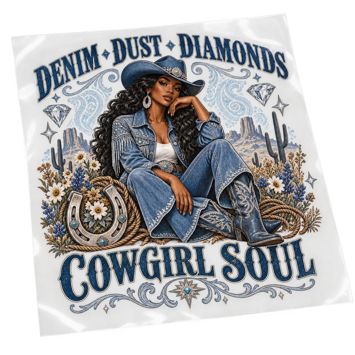 4 Pack Denim Dust Diamonds Cowgirl DTF Transfers 10 Inch Western Iron On