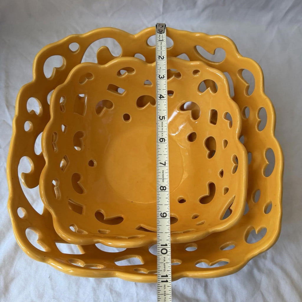 Tabletops Gallery Yellow Reticulated Serving Basket Bowl Set Pierced Stoneware