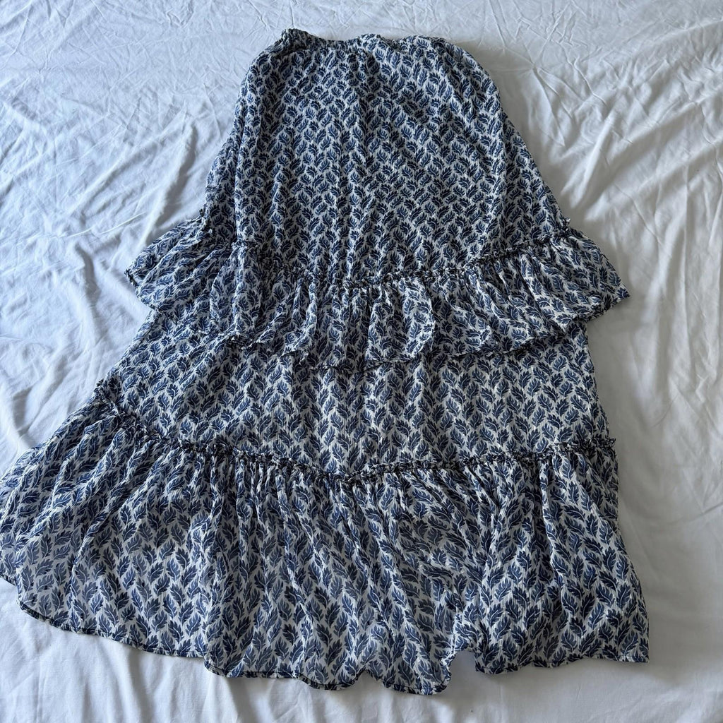 H&M Blue White Leaf Print Tiered Ruffle Maxi Skirt Size S Boho Poly