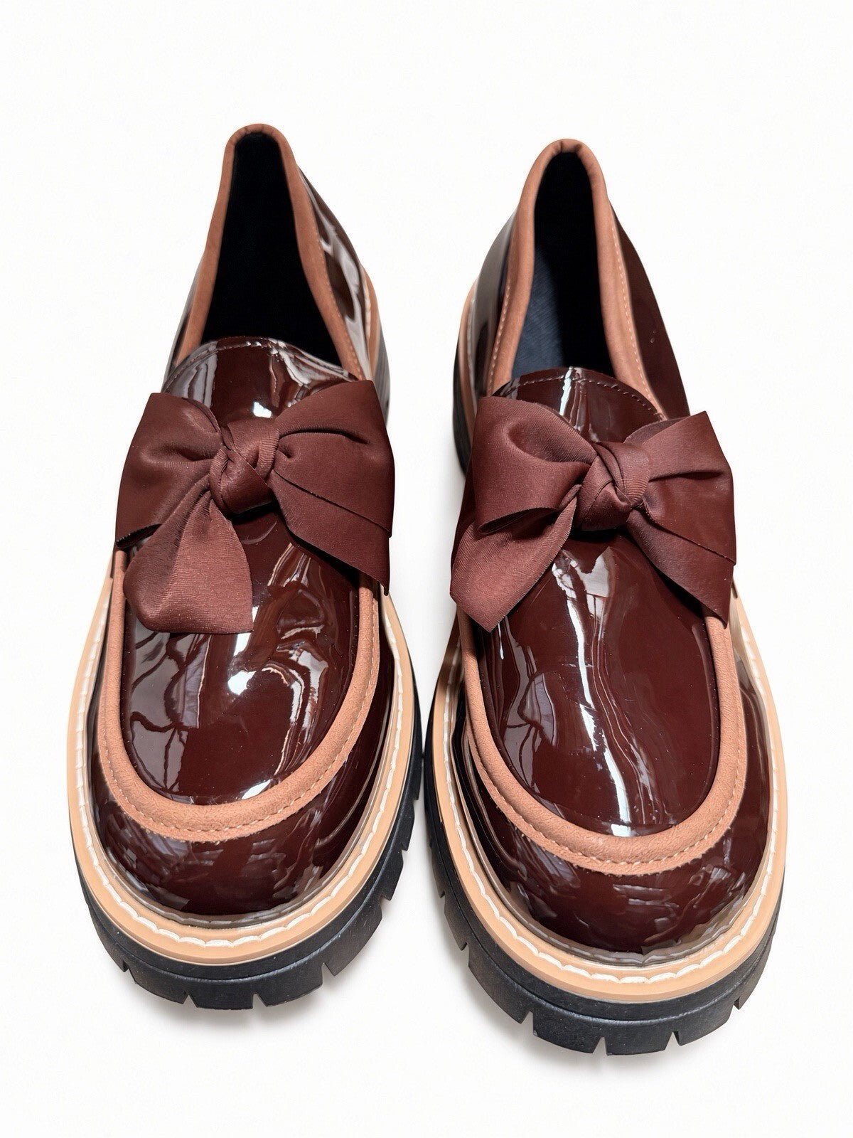 Brown Patent Bow Loafers Women Chunky Platform Lug Sole Shoes EU 41