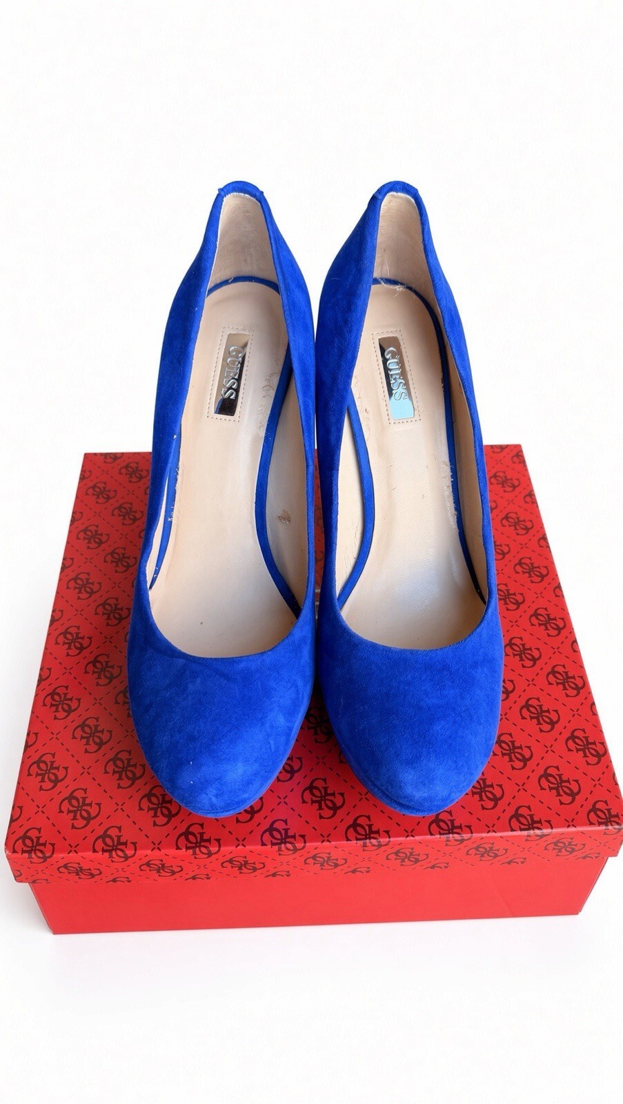 GUESS Padey Women 8.5M Blue Suede Platform Pumps Block High Heels w/ Box
