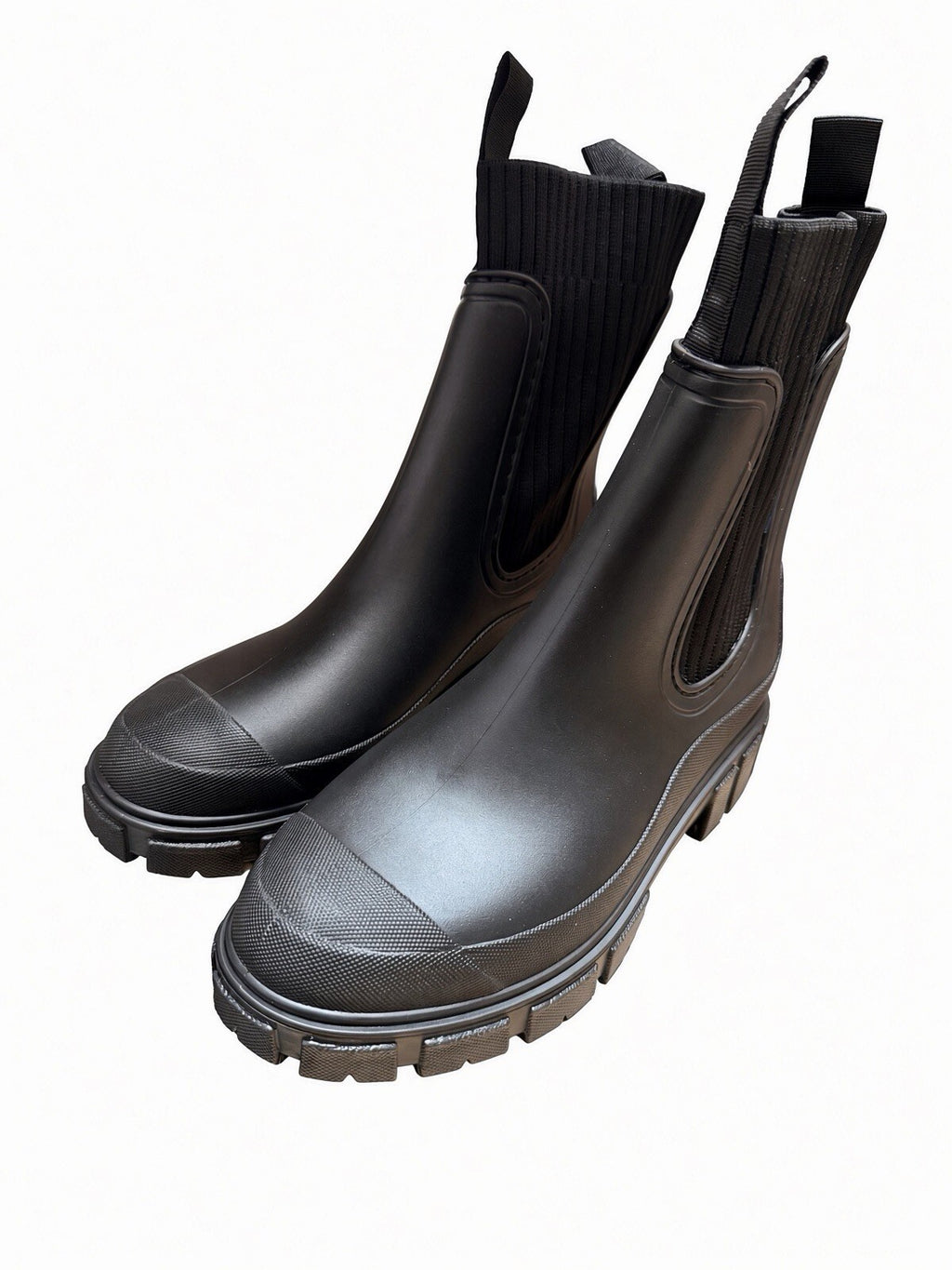 Black Rain Boots Women Chelsea Sock Knit Waterproof Chunky Sole US 8 EU 39