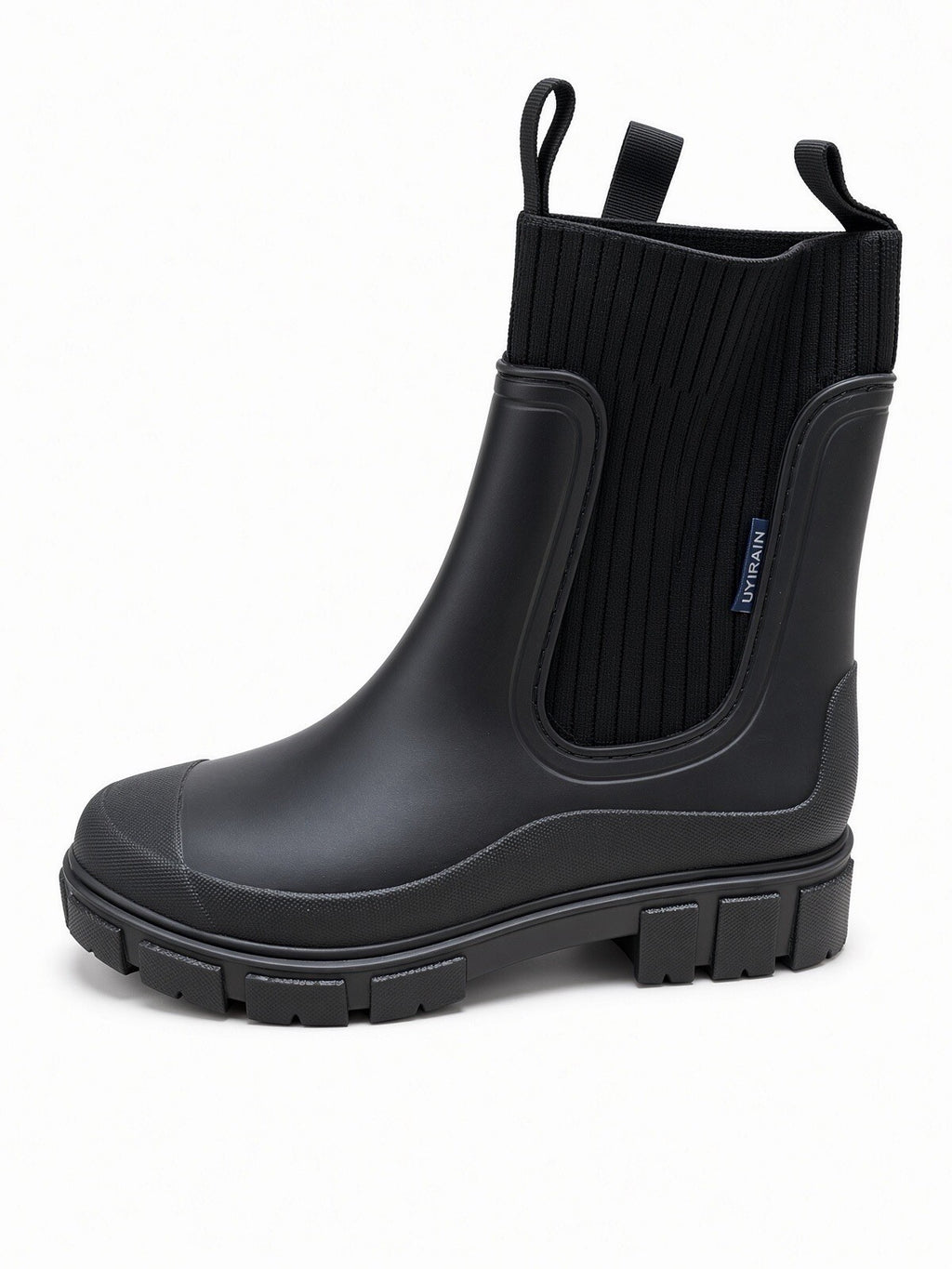 Black Rain Boots Women Chelsea Sock Knit Waterproof Chunky Sole US 8 EU 39