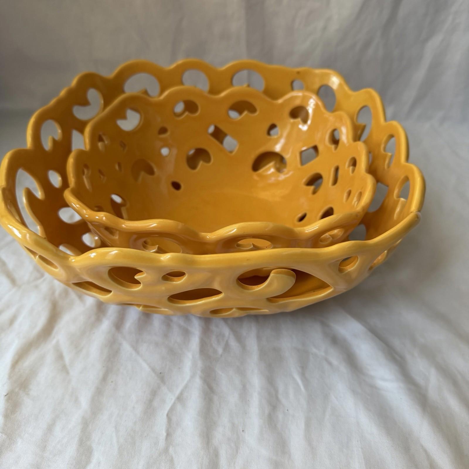 Tabletops Gallery Yellow Reticulated Serving Basket Bowl Set Pierced Stoneware