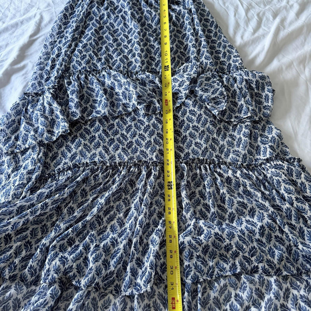 H&M Blue White Leaf Print Tiered Ruffle Maxi Skirt Size S Boho Poly