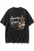 Acid Wash Black Tee Amazing Grace Floral Cross Faith Changes Everything Shirt