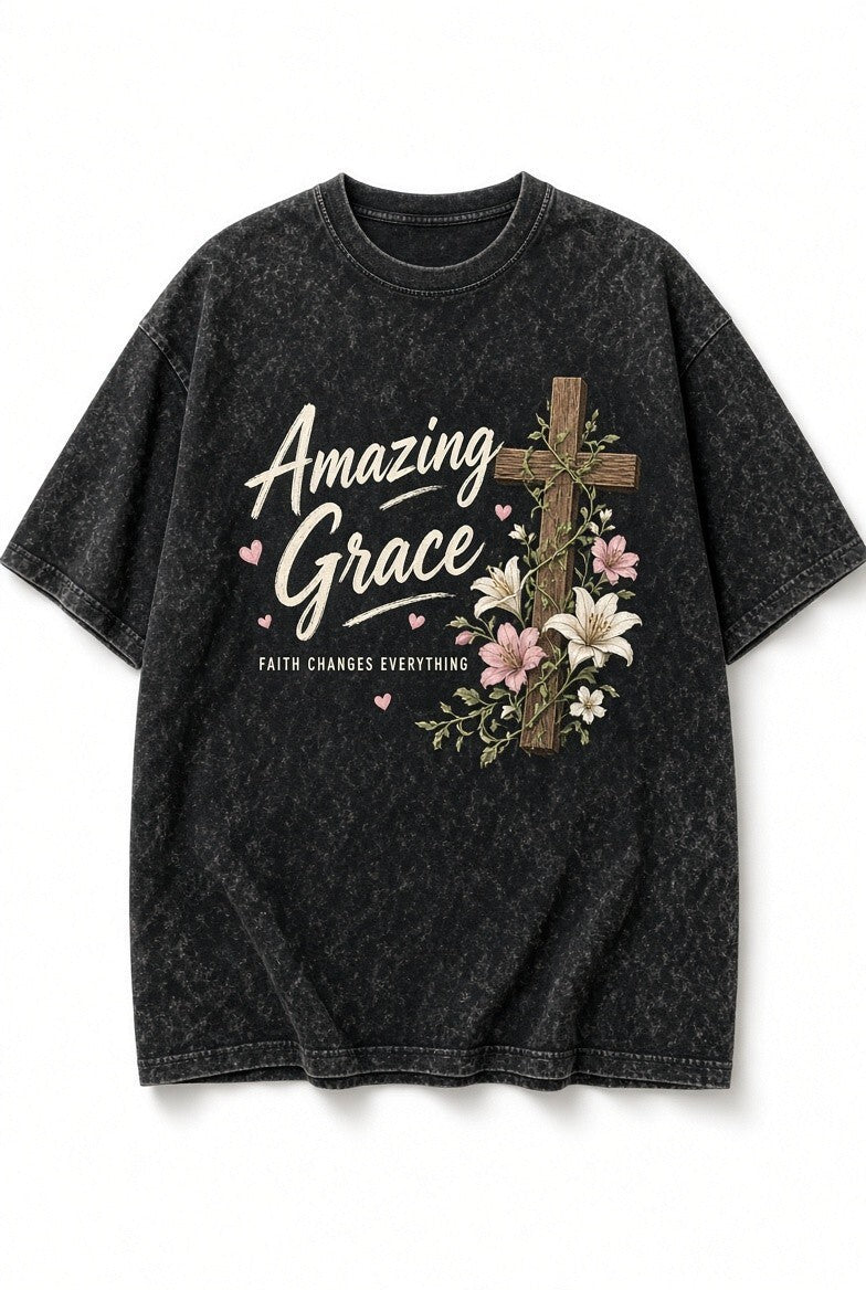 Acid Wash Black Tee Amazing Grace Floral Cross Faith Changes Everything Shirt