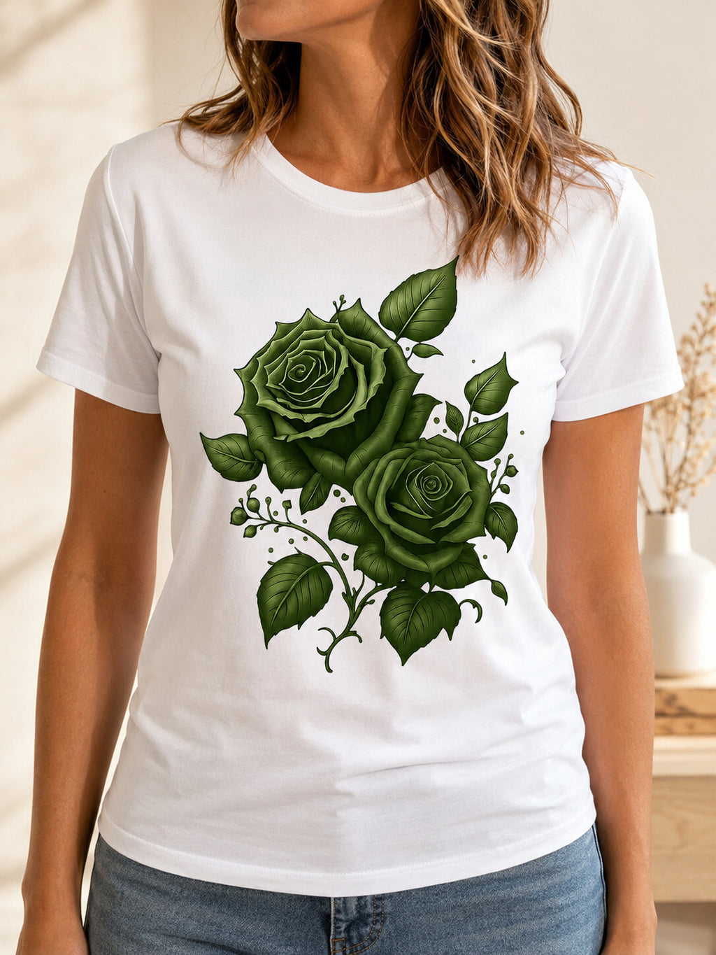 Green Rose Graphic T-Shirt, Gothic Botanical Floral Unisex Tee