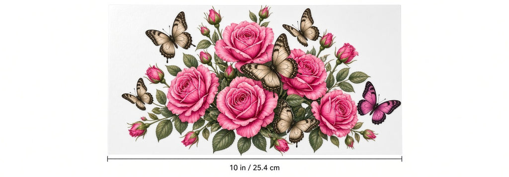 4Pcs 10" Pink Rose Butterfly Floral DTF Transfer Heat Press Iron On Deca