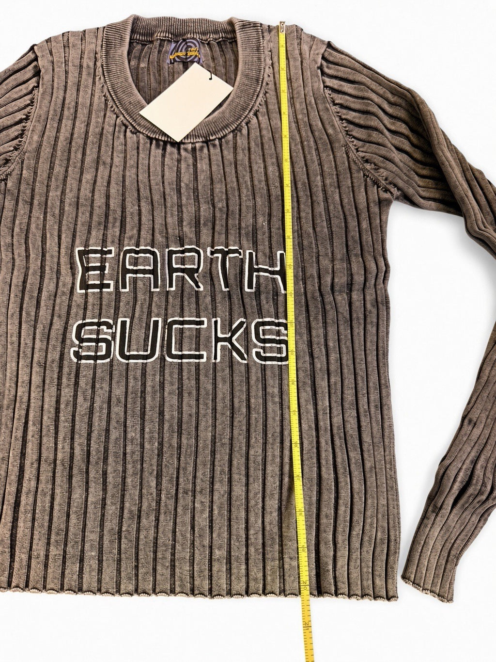 Sixth Dimension Earth Sucks Ribbed Long Sleeve Shirt Brown Gray Y2K Streetwear