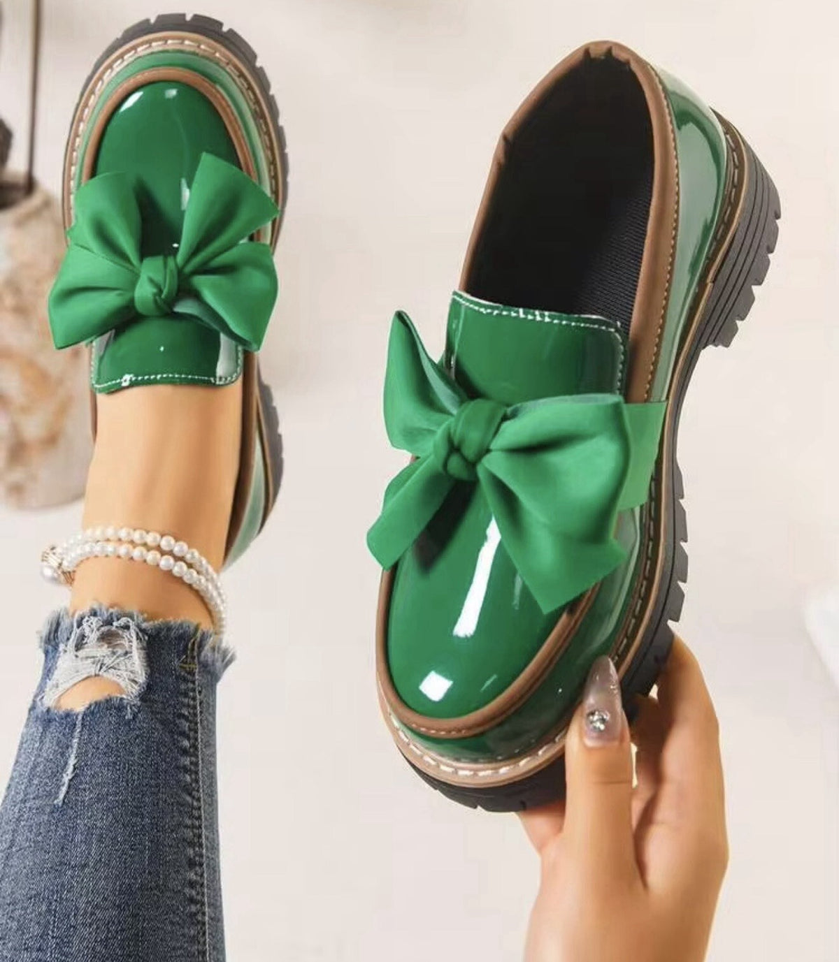 Women Green Patent Loafers Bow Accent Chunky Lug Sole Slip On Dress Shoes 41