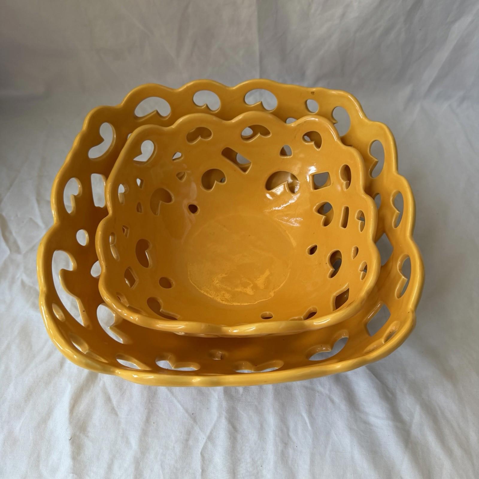 Tabletops Gallery Yellow Reticulated Serving Basket Bowl Set Pierced Stoneware