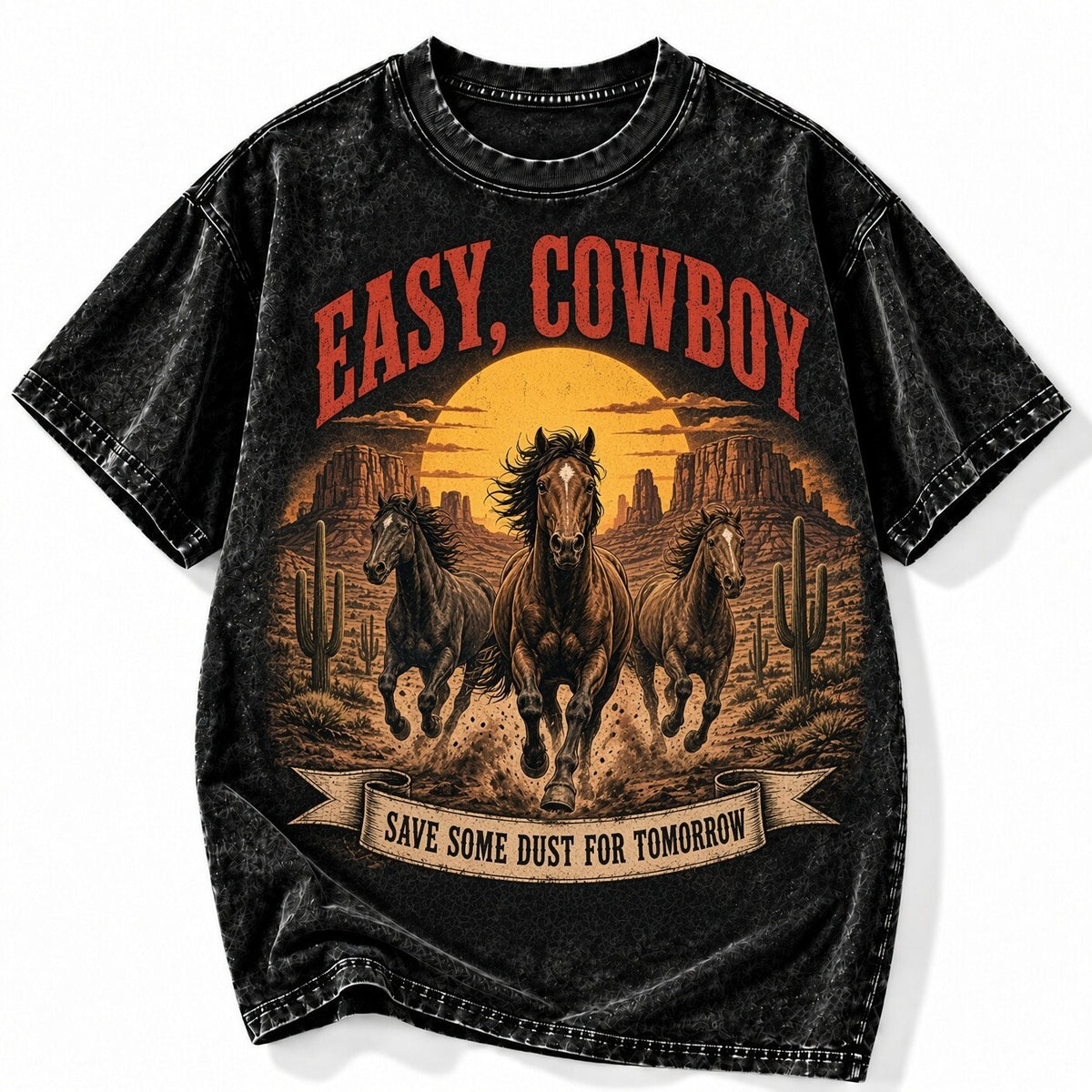 Acid Wash Black Tee Easy Cowboy Horses Western Graphic Vintage