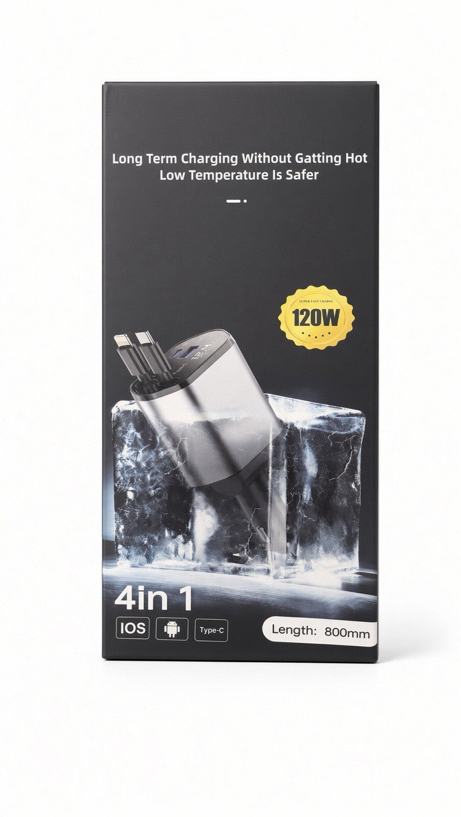 120W 4-in-1 Retractable Car Charger USB-C Dual Port Fast Charge 80cm