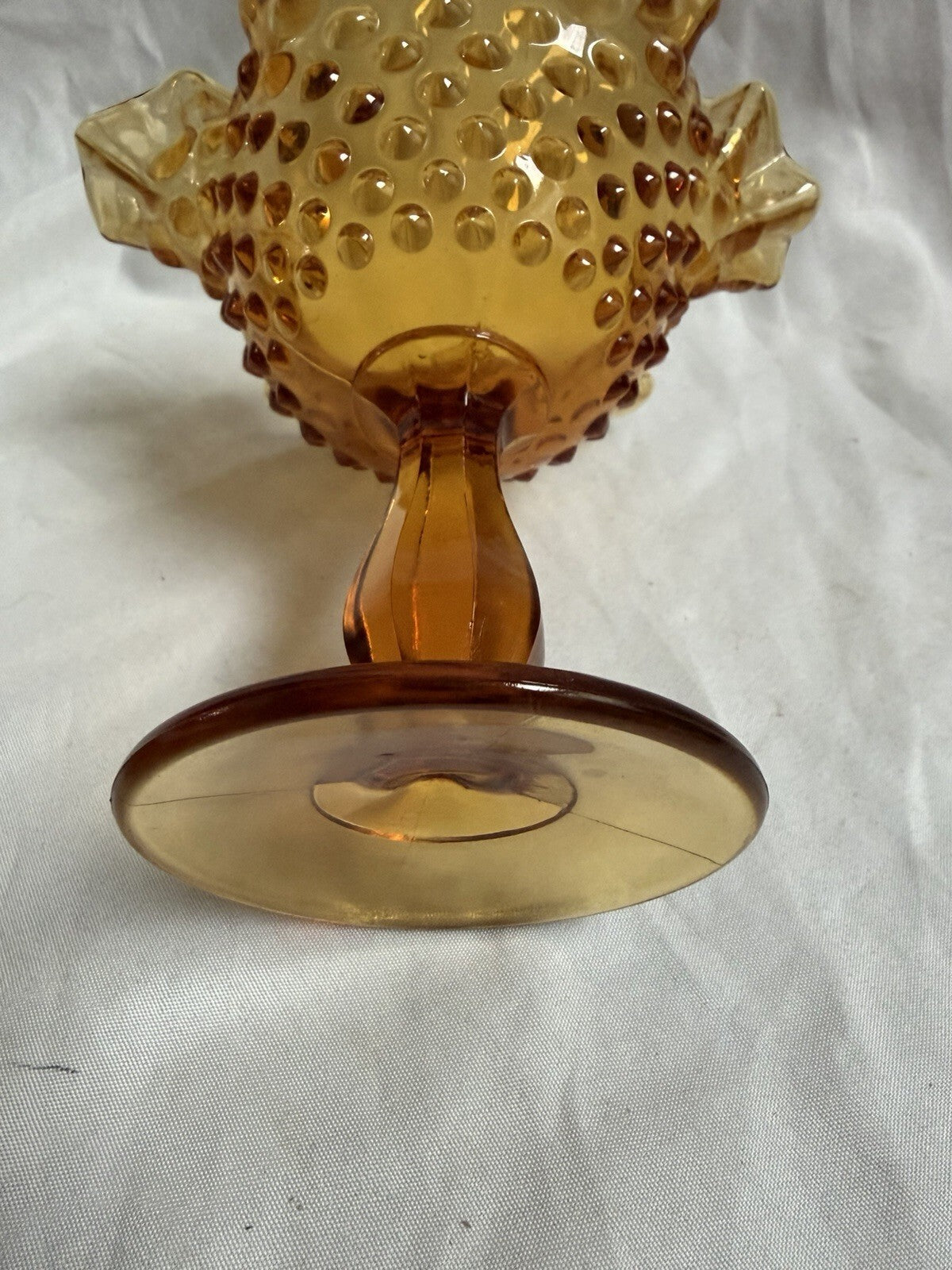 Fenton Amber Hobnail Glass Compote – Vintage Pedestal Candy Dish - Ruffled Rim