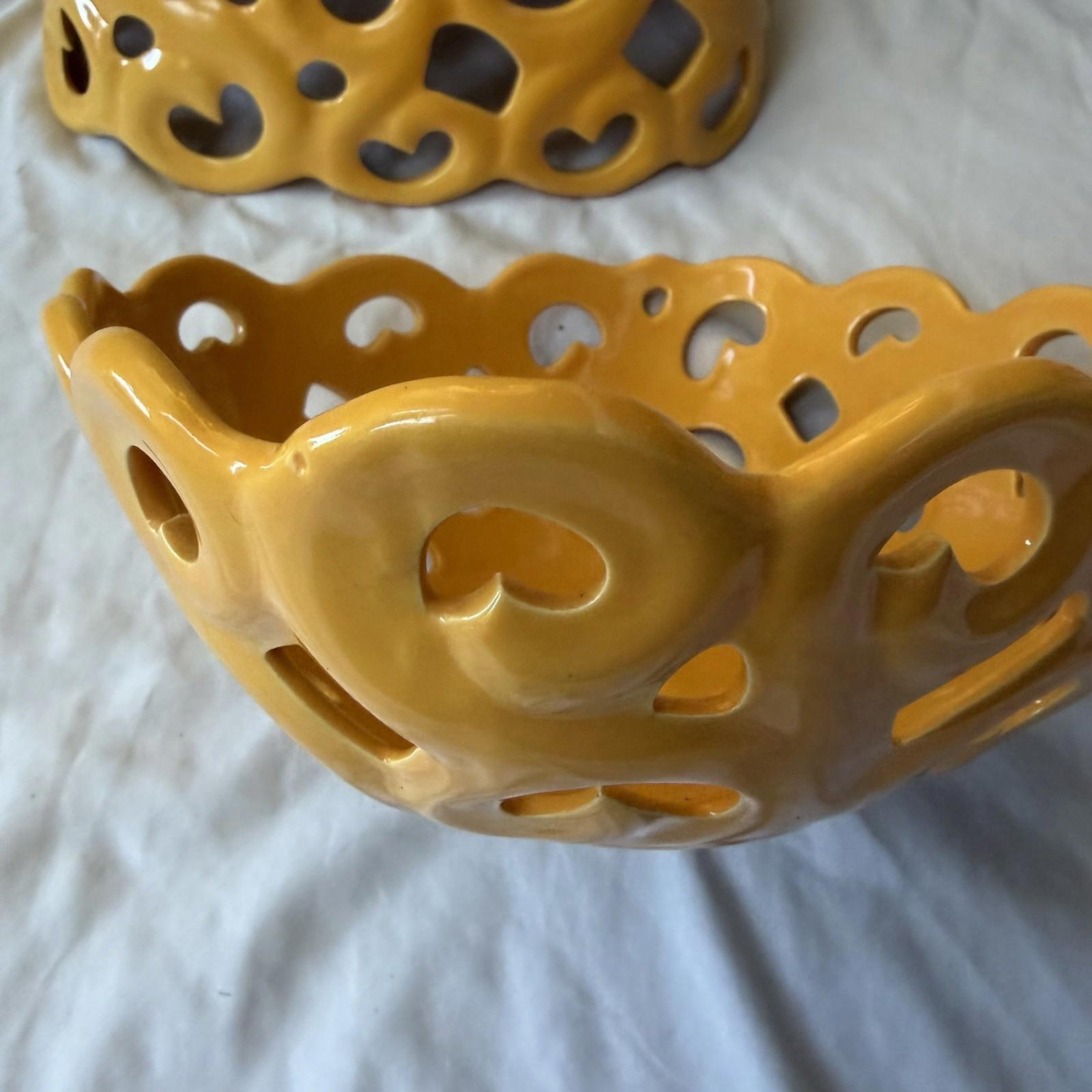 Tabletops Gallery Yellow Reticulated Serving Basket Bowl Set Pierced Stoneware