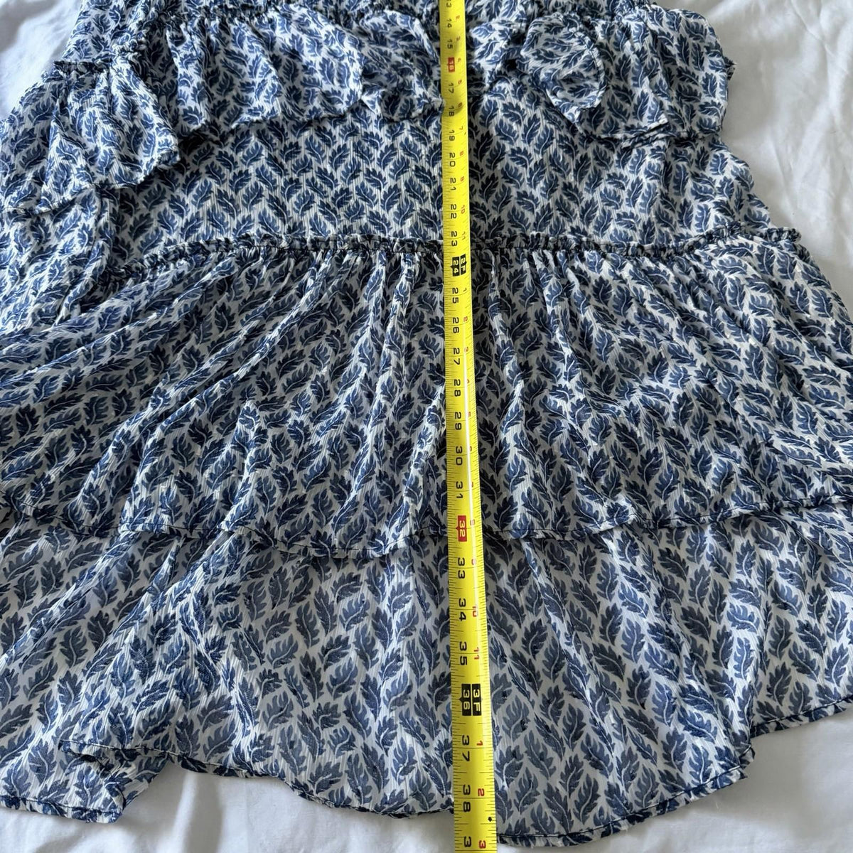 H&M Blue White Leaf Print Tiered Ruffle Maxi Skirt Size S Boho Poly