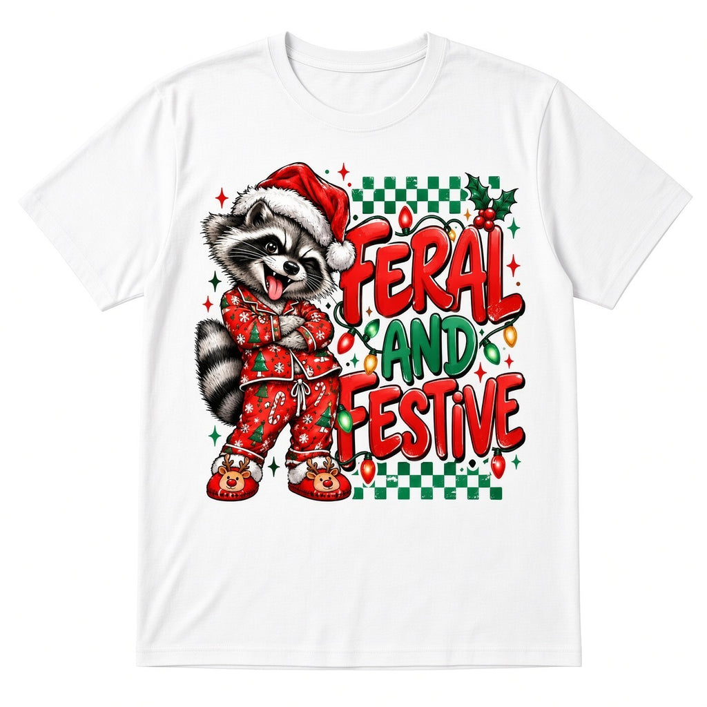 Feral And Festive DTF Transfer 10" Pk4 Christmas Raccoon Heat Press