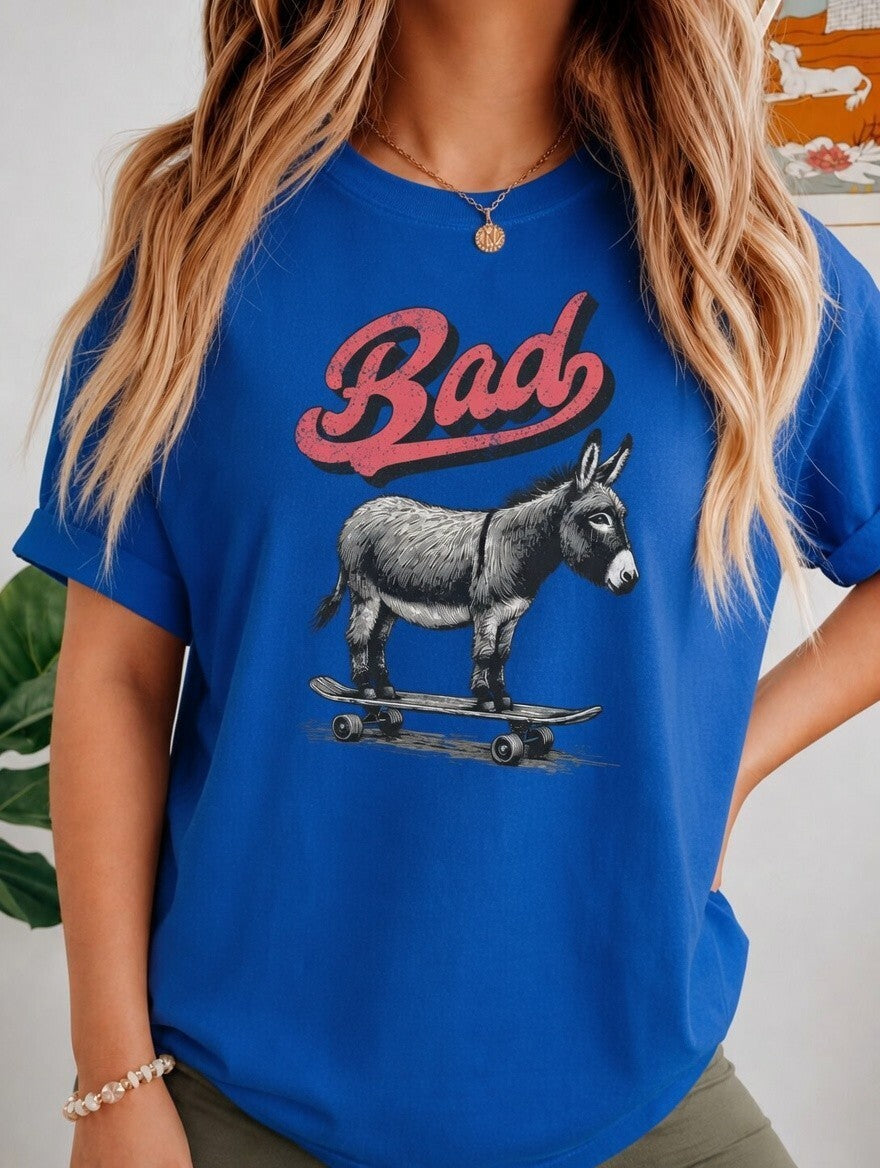 Bad Donkey Skateboard T-Shirt Funny Vintage Graphic Tee Black Royal Blue White