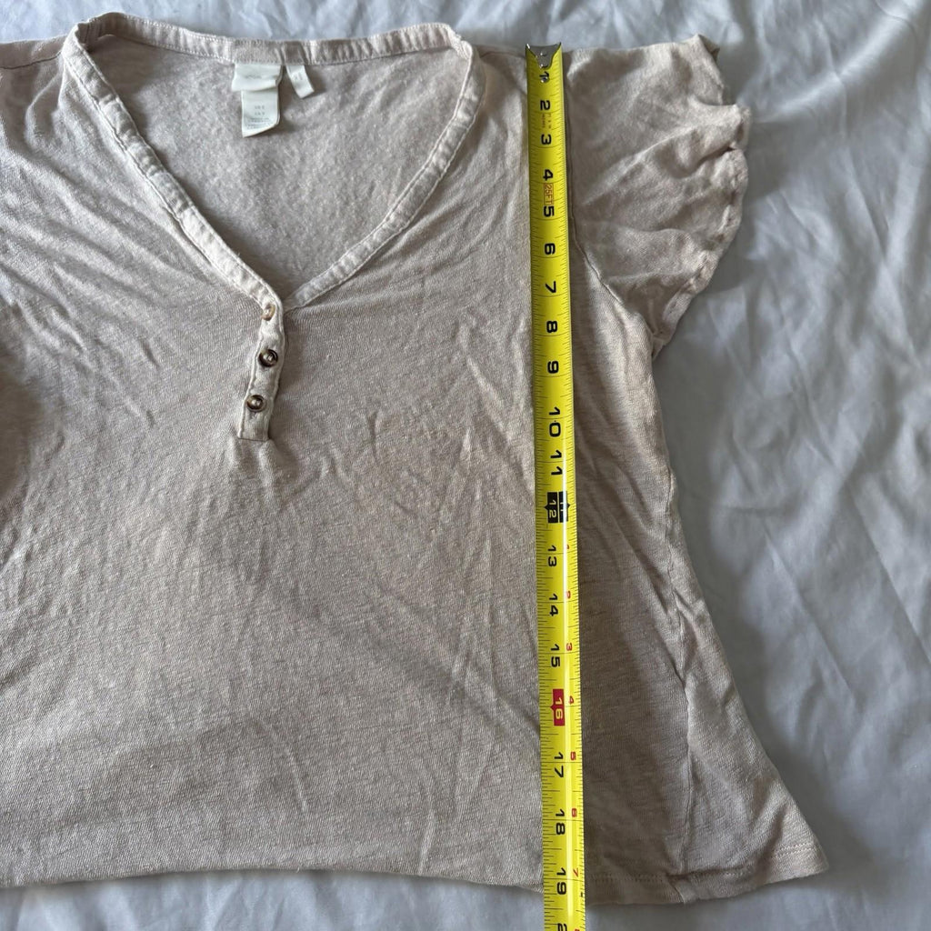 H&M 100% Linen Beige Flutter Sleeve Henley Top Size S V-Neck