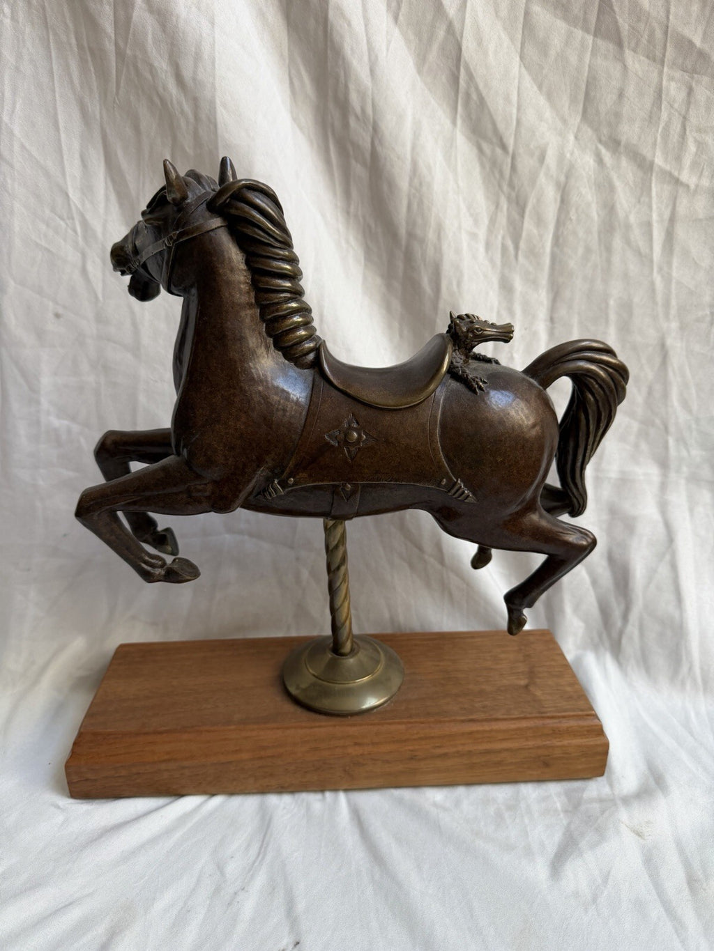 Vintage Bronze Carousel Horse Statue on Wood Base 12” Dragon Detail Brass Pole