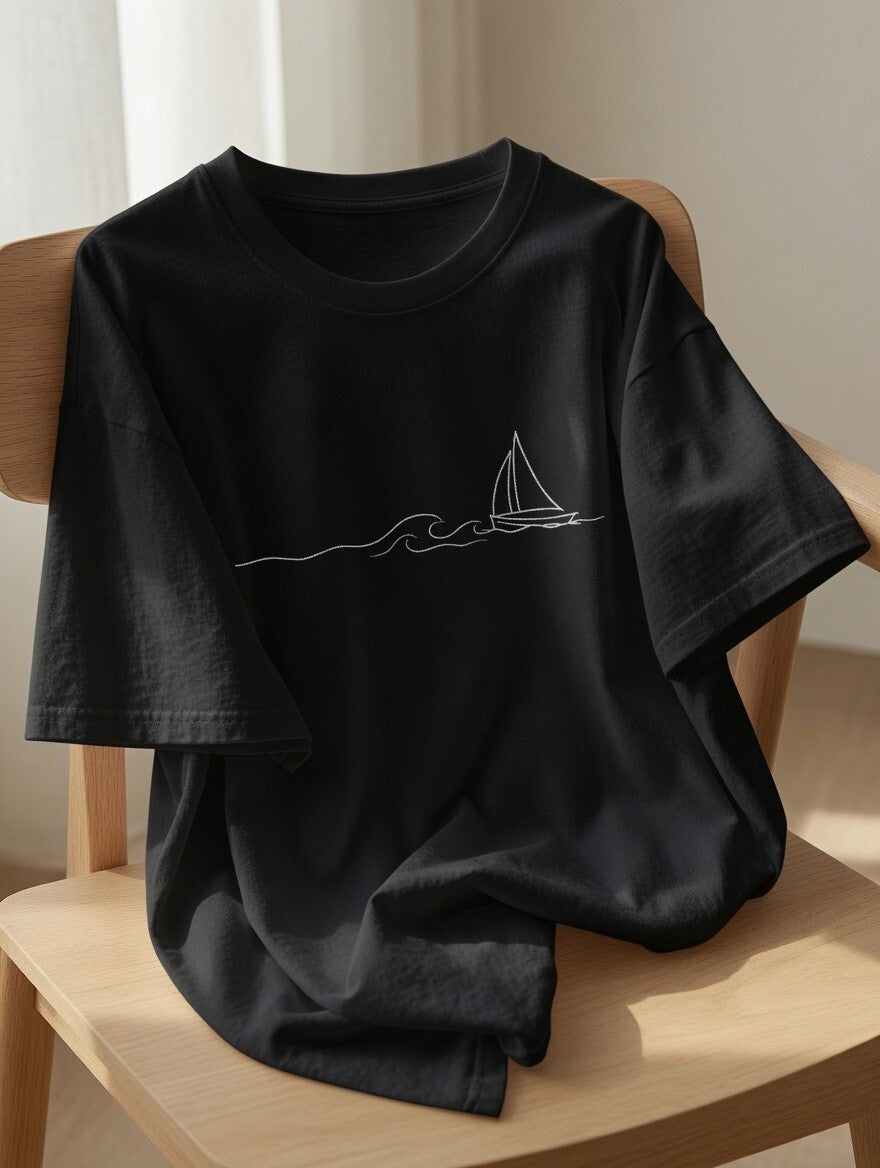 Minimalist Sailboat T-Shirt | Ocean Wave Line Art Tee | Sailing Adventure Shirt