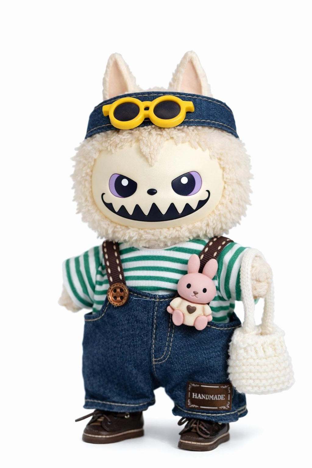 Labubu Style Doll Outfit Denim Overalls Green Stripe Shirt Hat Bag Clothes