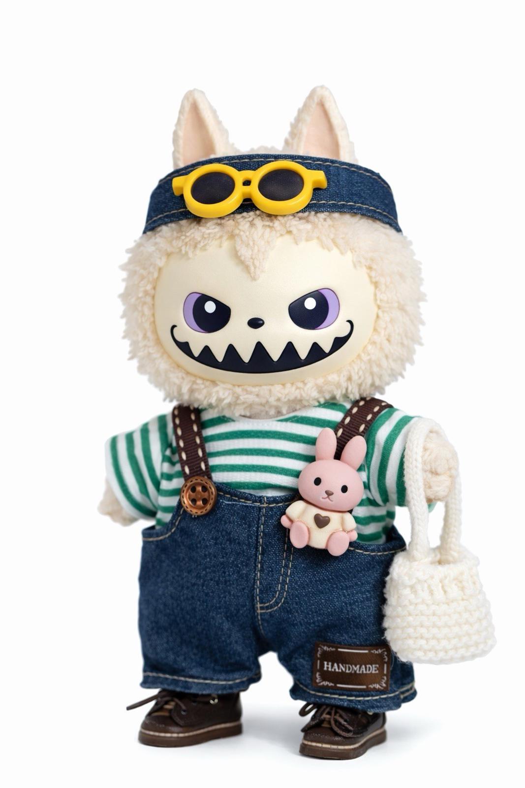 Labubu Style Doll Outfit Denim Overalls Green Stripe Shirt Hat Bag Clothes