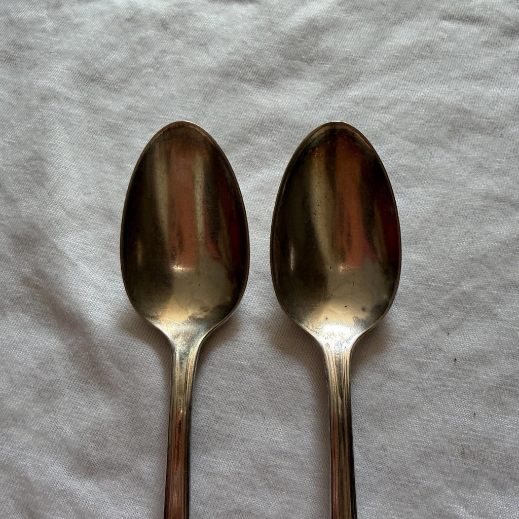 Vintage Wm Rogers Overlaid IS Silverplate Teaspoons Pair Floral Handle 1940s
