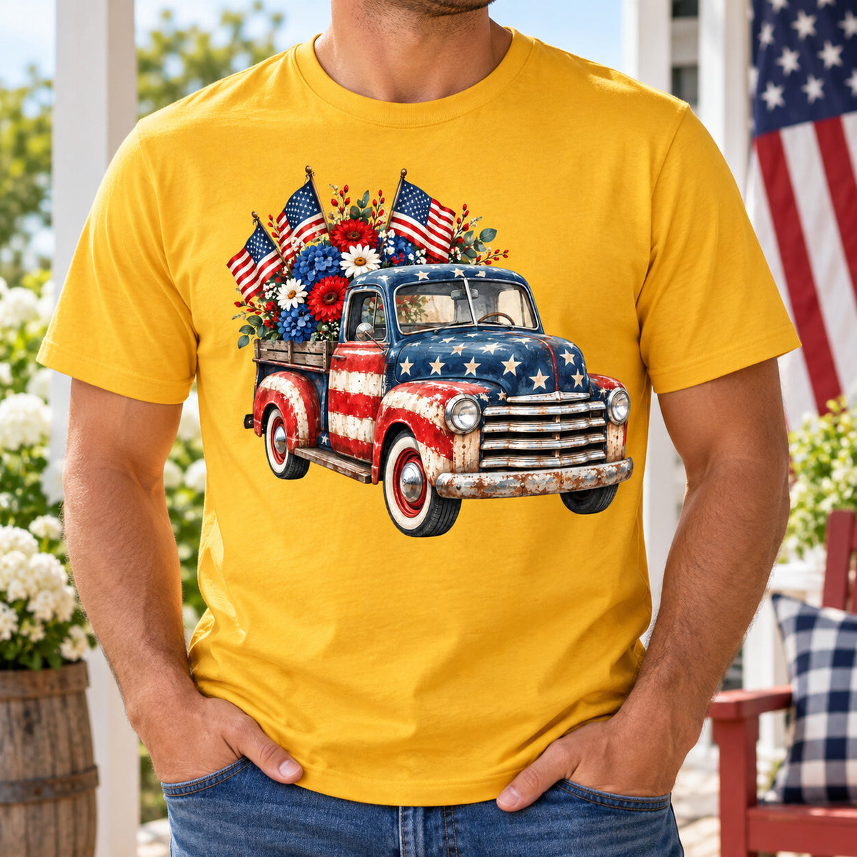 4pcs 10" Patriotic Vintage Truck DTF PNG Flag Flowers Iron On