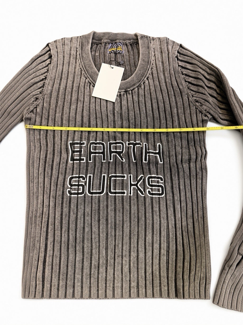 Sixth Dimension Earth Sucks Ribbed Long Sleeve Shirt Brown Gray Y2K Streetwear