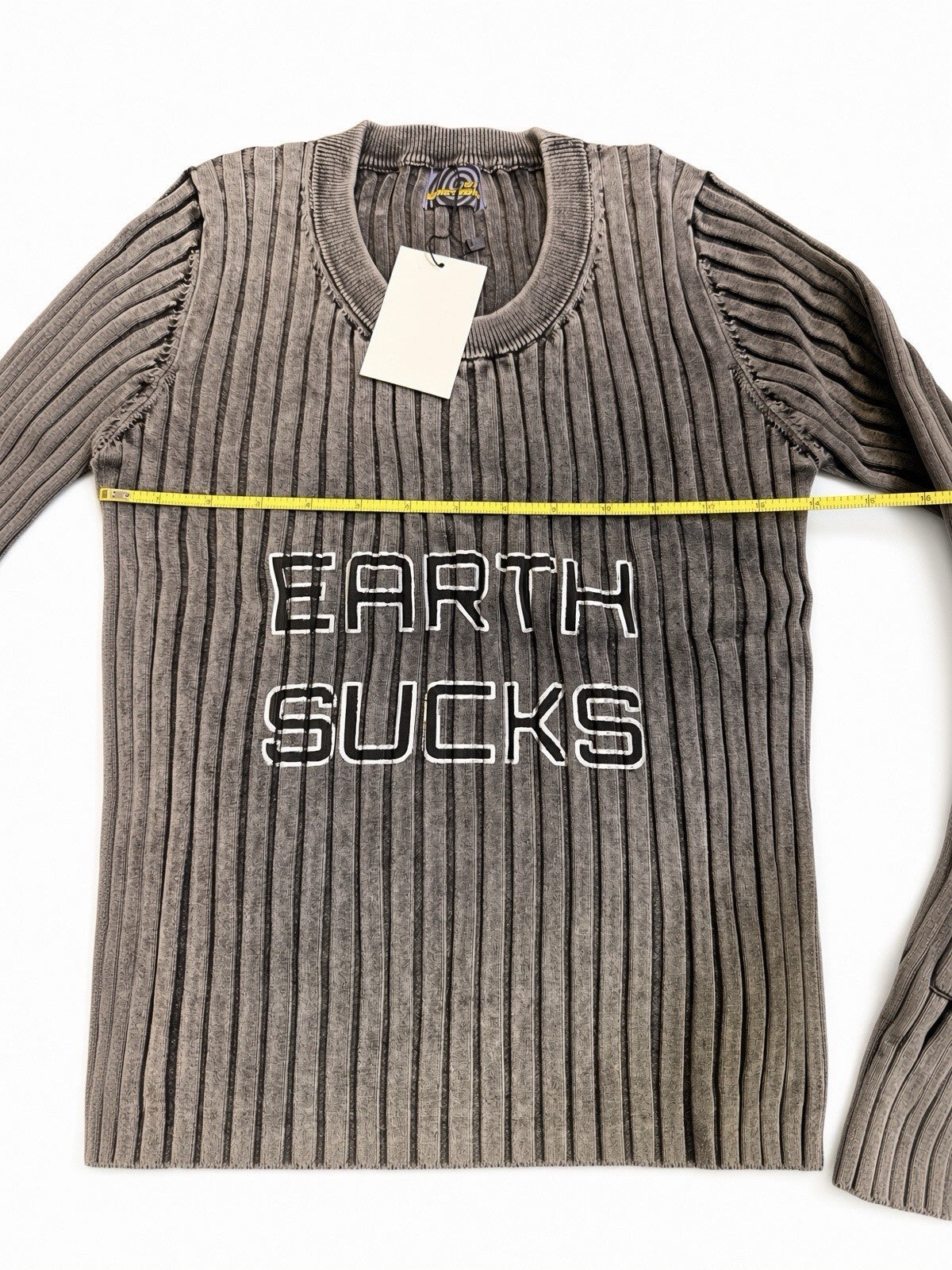 Sixth Dimension Earth Sucks Ribbed Long Sleeve Shirt Brown Gray Y2K Streetwear