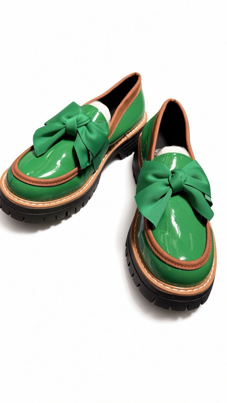 Women Green Patent Loafers Bow Accent Chunky Lug Sole Slip On Dress Shoes 41