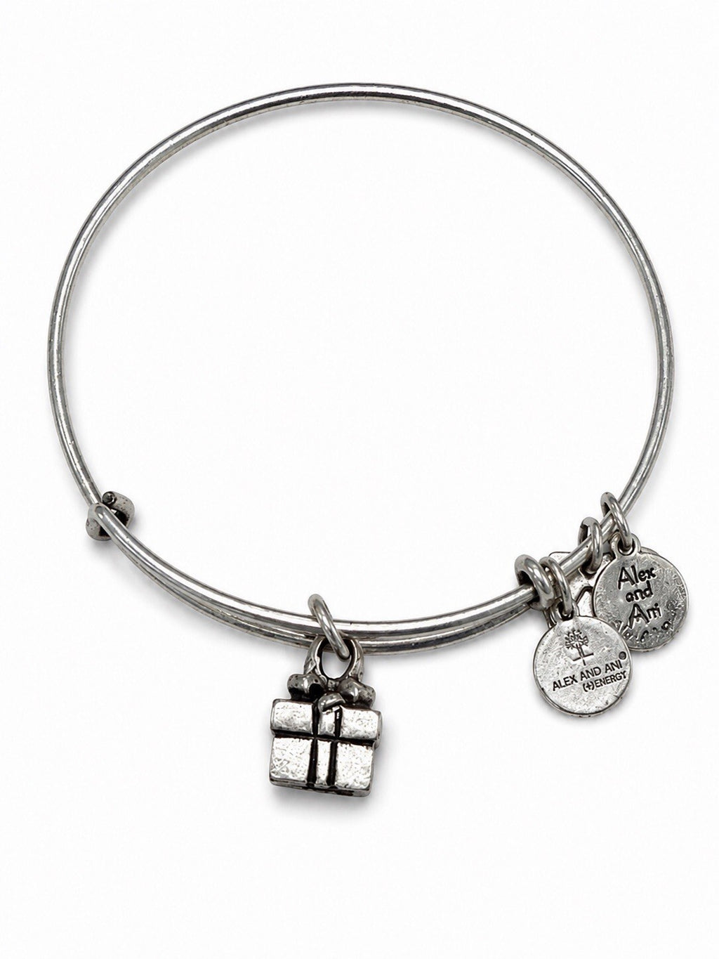Alex and Ani Gift Box Charm Expandable Bangle Bracelet Silver Tone Gift