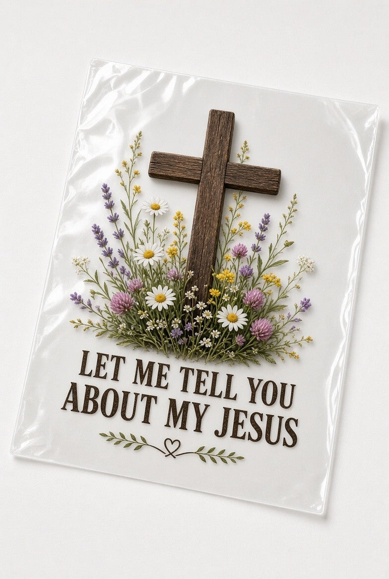 PK4 Let Me Tell You About My Jesus DTF Transfer 10in Cross Floral Heat Press