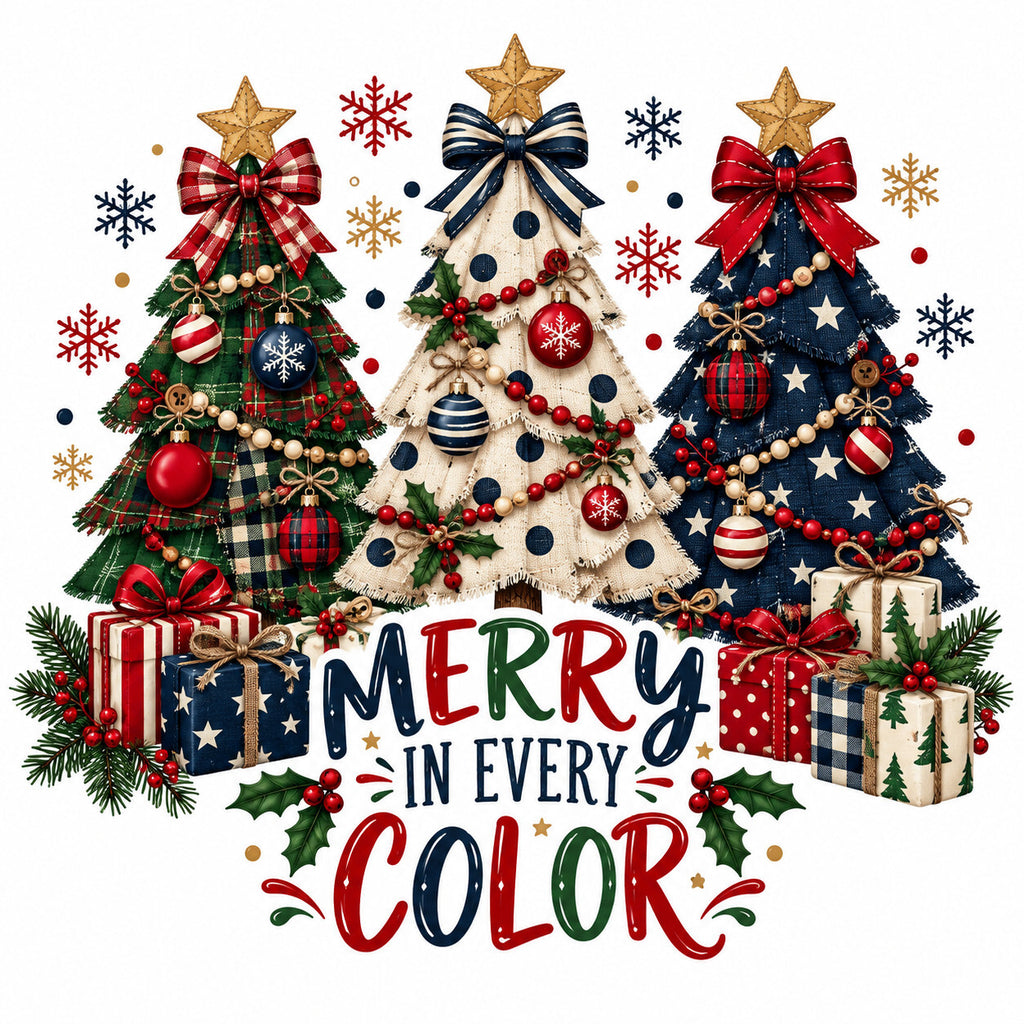 Merry in Every Color Christmas Trees DTF Transfer Ready to Press