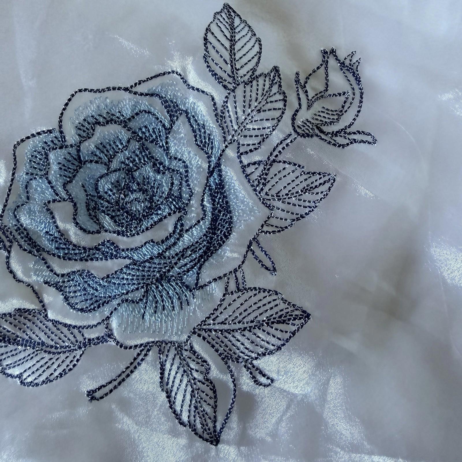 Vintage Blue Rose Embroidered Sheer Patch Navy Floral Cottage Decor