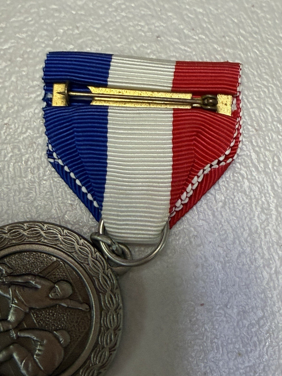 Vintage Soccer Award Medal Silver Tone Red White Blue Ribbon Sports Trophy Medal