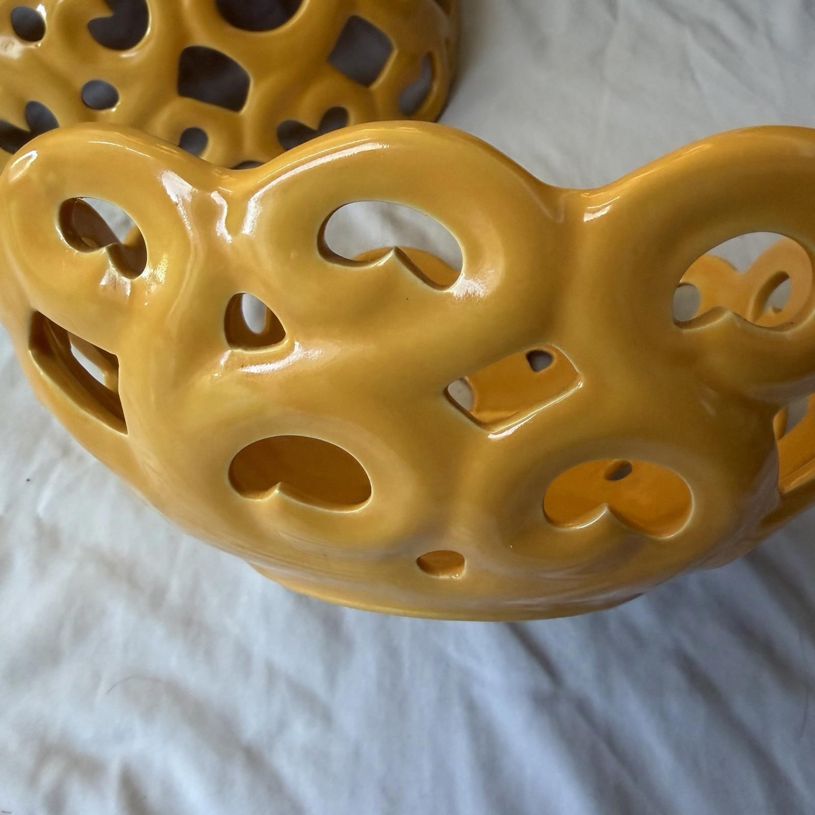 Tabletops Gallery Yellow Reticulated Serving Basket Bowl Set Pierced Stoneware