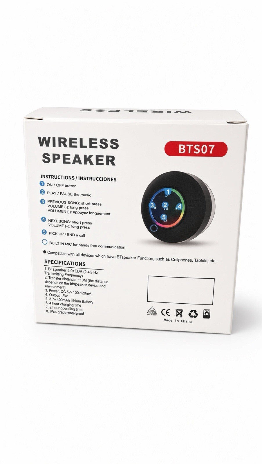 BTS07 Wireless Bluetooth Speaker IPX4 LED Portable Mini Shower Speaker USB