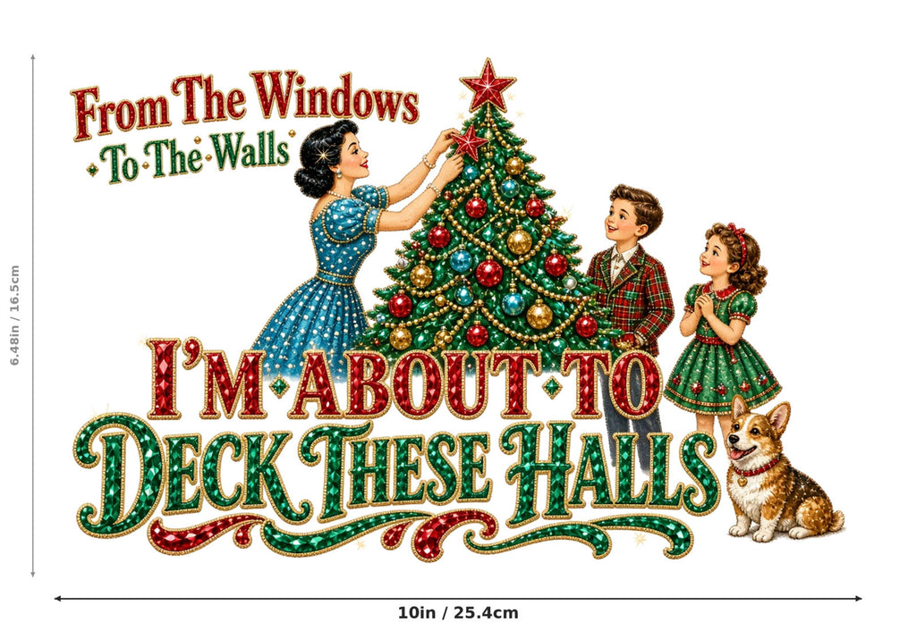 Deck These Halls DTF Transfer 10" PK4 Vintage Christmas Family Heat Press