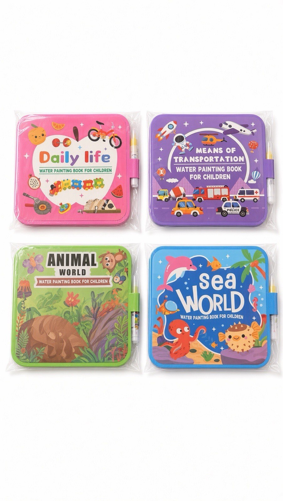 4 Pack Kids Water Painting Books Reusable Magic Coloring Activity Books w/Pens