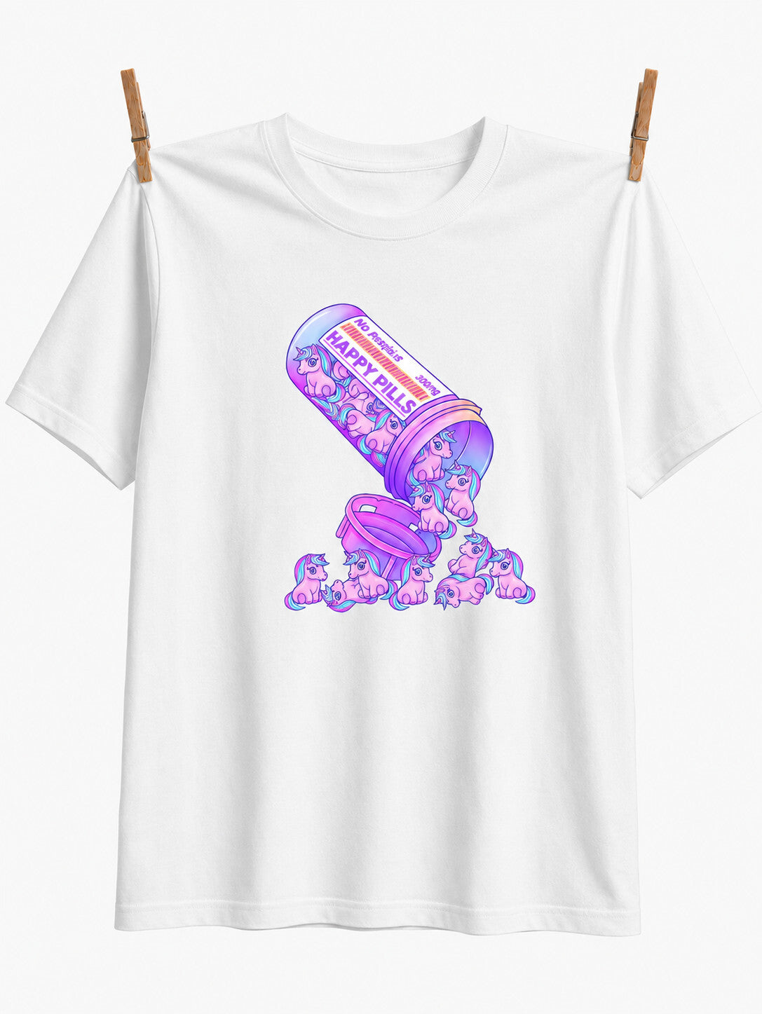 Happy Pills Unicorn Graphic T-Shirt, Cute Pastel Cartoon Tee, Cotton Crew Neck