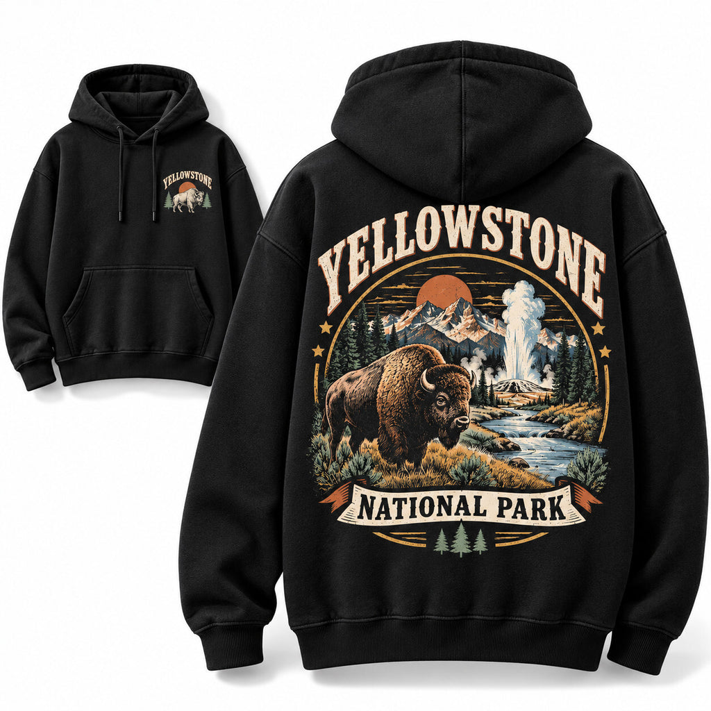Yellowstone National Park Black Hoodie Bison Geyser Front Back Graphic Pullover