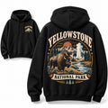 Yellowstone National Park Black Hoodie Bison Geyser Front Back Graphic Pullover