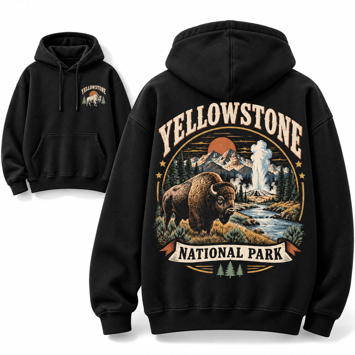 Yellowstone National Park Black Hoodie Bison Geyser Front Back Graphic Pullover