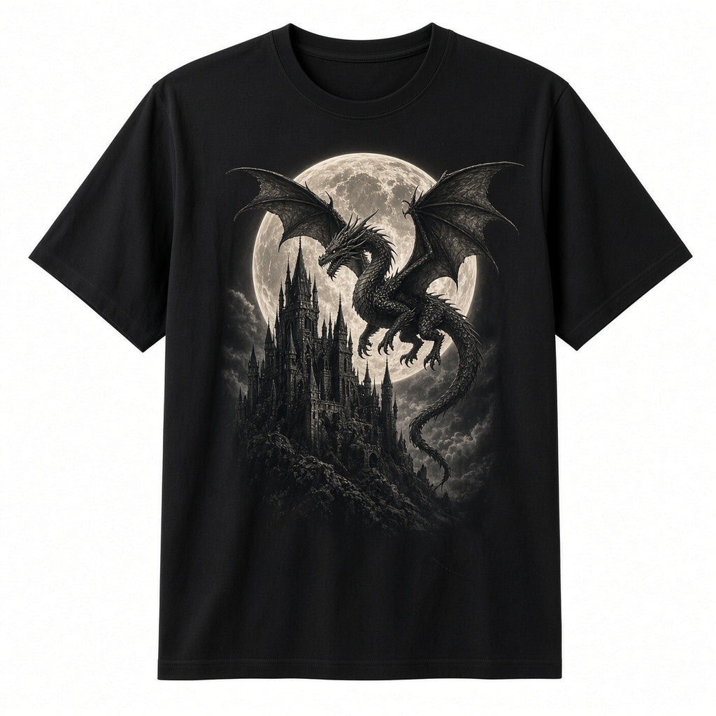 Dragon Castle Full Moon T-Shirt Black Fantasy Gothic Graphic Tee
